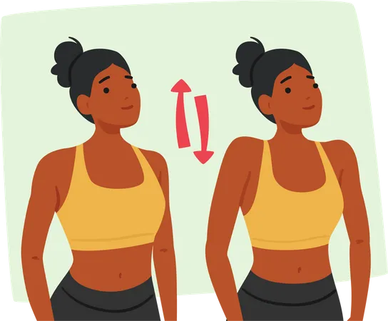 Woman Character Performing Neck And Shoulder Exercises Stretching And Shrugging Her Shoulders Up And Down To Improve Flexibility And Relieve Tension And Stiffness Cartoon People Vector Illustration Illustration