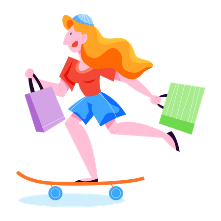Woman doing skateboarding with holding shopping bag  Illustration