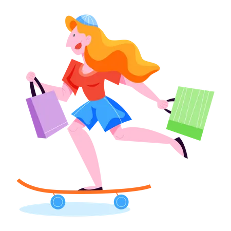 Woman doing skateboarding with holding shopping bag  Illustration