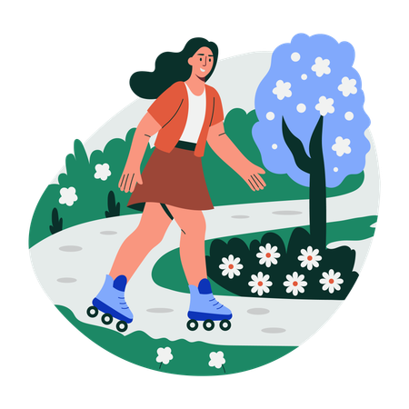 Woman doing skating in garden  Illustration