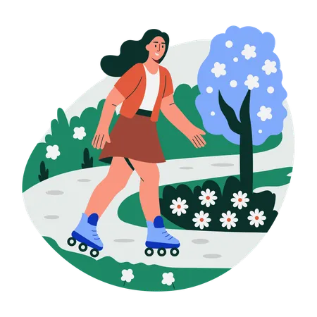 Woman doing skating in garden  Illustration