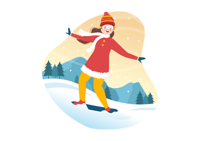 Woman doing snow surfboarding  Illustration