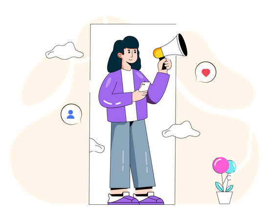Woman doing social media marketing using megaphone Illustration