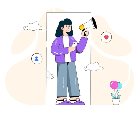 Woman doing social media marketing using megaphone  Illustration