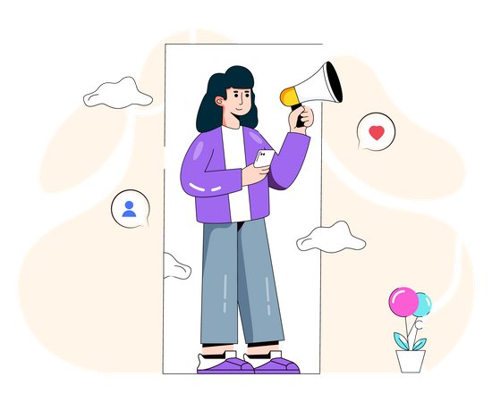 Woman doing social media marketing using megaphone  Illustration