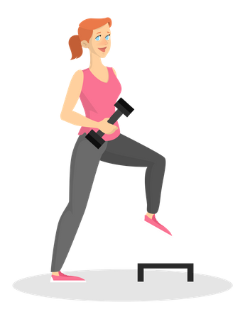 Woman doing sport exercise using dumbbell and step Illustration