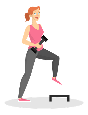 Woman doing sport exercise using dumbbell and step  Illustration