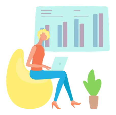 Woman Looking At Statistics Diagram Businesswoman Analysing Report With Statistical Indicators Girl Examines Results Of Analysis Personal Investment Finance Funding Capital Accumulation Concept Illustration