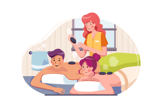 Woman doing stone massage therapy to couple Illustration