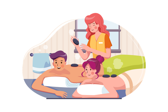 Woman doing stone massage therapy to couple  Illustration