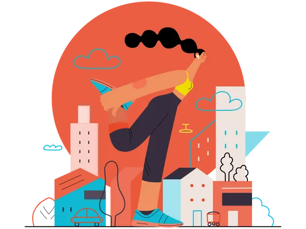 Runner Stretch Flat Vector Concept Illustration Of A Young Woman Wearing T Shirt And Tights Warming Up Stretching Legs Before Run Outside Healthy Activity And Lifestyle Houses City Landscape Illustration