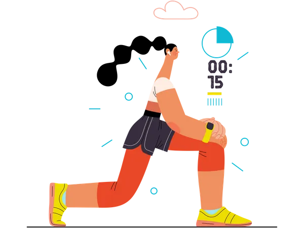 Runner Lunge Stretch Flat Vector Concept Illustration Of A Young Woman Wearing T Shirt And Shorts Warming Up Lunging Before Run Outside Healthy Activity And Lifestyle Smart Watch Data Countdown Illustration