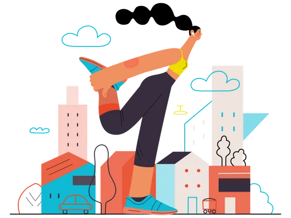 Runner Stretch Flat Vector Concept Illustration Of A Young Woman Wearing T Shirt And Tights Warming Up Stretching Legs Before Run Outside Healthy Activity And Lifestyle Houses City Landscape Illustration