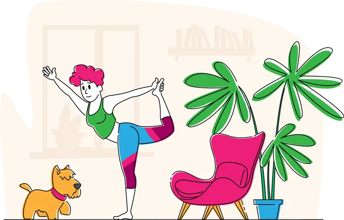 Woman Doing Stretching or Yoga Exercises at Home Illustration