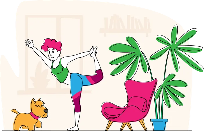 Woman Doing Stretching or Yoga Exercises at Home  Illustration