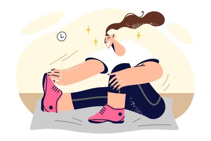 Woman doing stretching sitting on fitness mat and getting ready for sports workout or yoga practice  イラスト