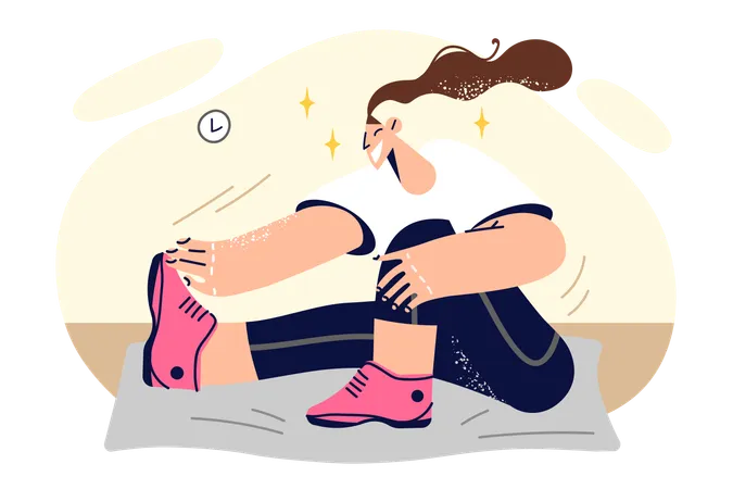 Woman Doing Stretching Sitting On Fitness Mat And Getting Ready For Sports Workout Or Yoga Practice Happy Girl Enjoys Fitness Or Morning Exercises To Improve Figure And Lose Weight イラスト