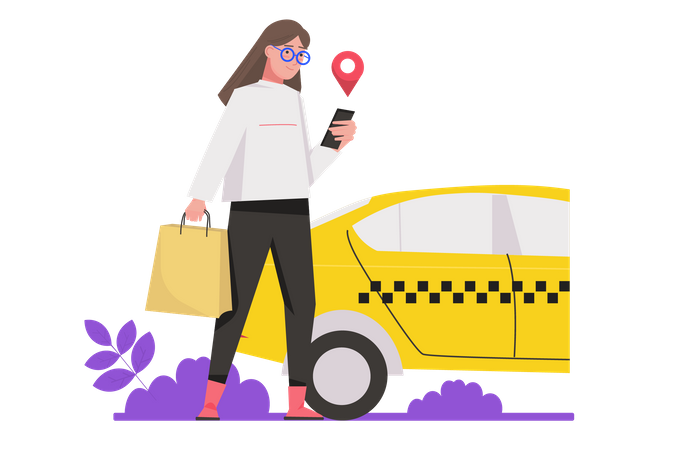 Woman doing Taxi booking while using mobile Illustration