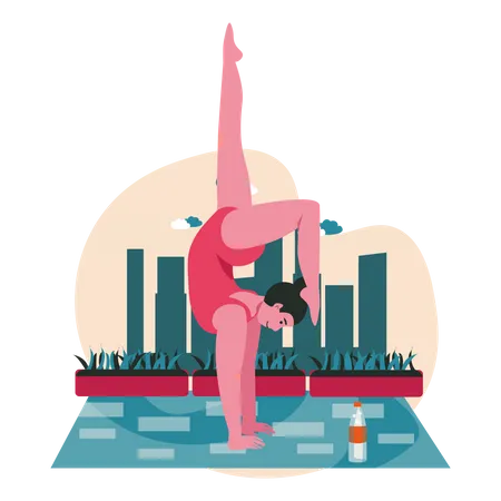 People Doing Yoga Asanas Scene Concept Woman Performs Handstand Sports Training Body And Health Care Physical Development People Activities Vector Illustration Of Characters In Flat Design Illustration