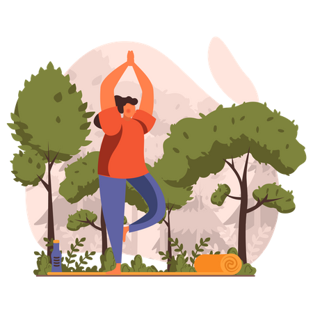 Woman Doing Tree Yoga Pose at Outdoor Illustration