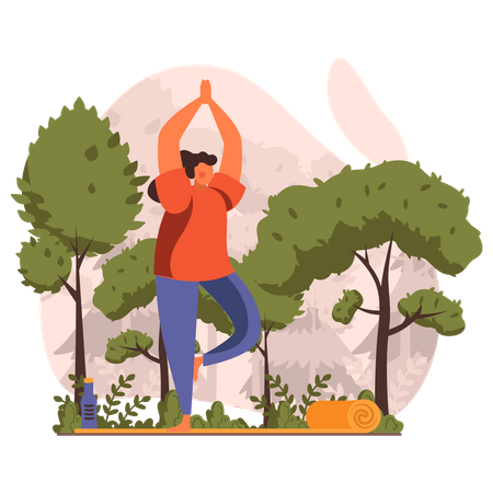 Woman Doing Tree Yoga Pose at Outdoor  Illustration