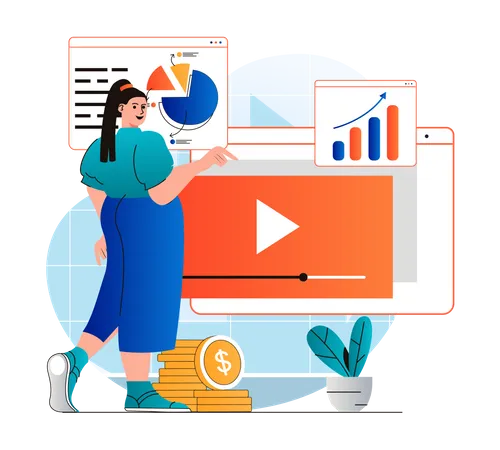 Video Marketing Concept In Modern Flat Design Woman Creates Video Content Publishes It And Attracts Audience Analyzes Channel Statistics Success Online Promotion Strategy Vector Illustration Illustration