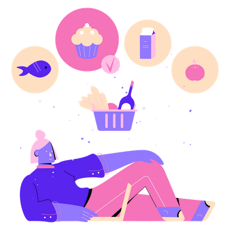 Woman doing virtual grocery shopping Illustration