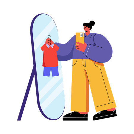 Woman doing virtual Try-On in Mirror  Illustration