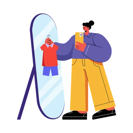 Woman doing virtual Try-On in Mirror  Illustration