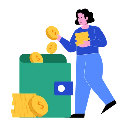 Woman Doing Wallet and Coins Management  Illustration