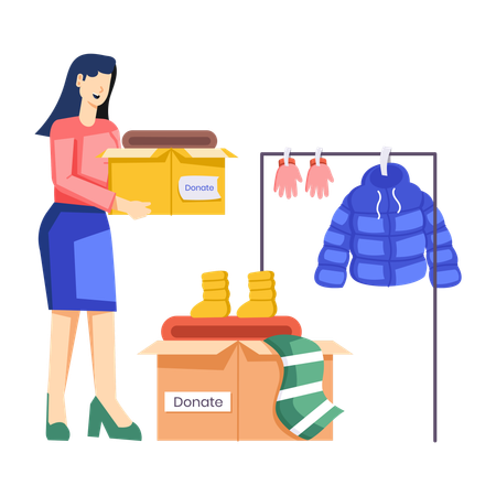 Woman doing warm clothes donation to poor people  Illustration