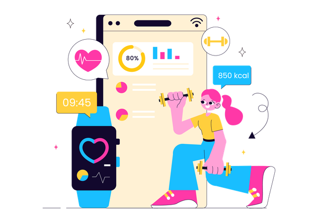 Woman doing weight lifting from Virtual Fitness App  Illustration