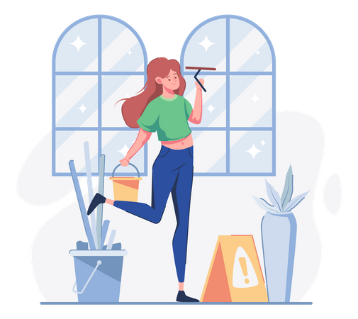 Woman doing window clean with cleaning equipment Illustration
