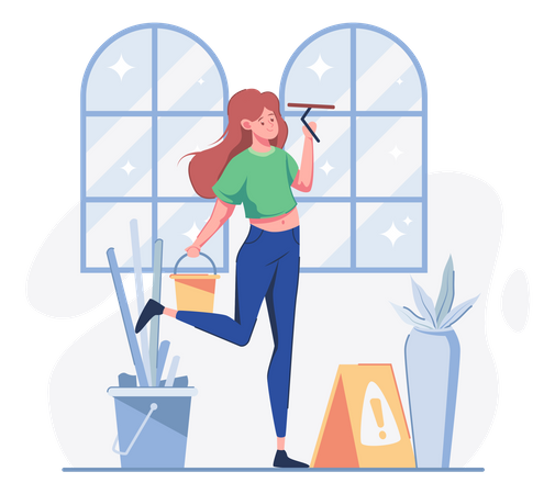 Woman doing window clean with cleaning equipment  イラスト