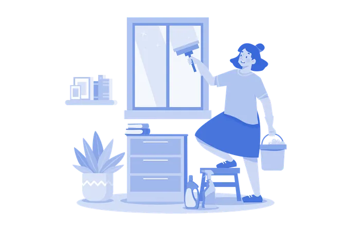 Woman Doing Window Cleaning With Cleaning Equipment イラスト