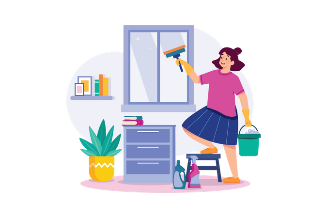 Woman Doing Window Cleaning With Cleaning Equipment  Illustration