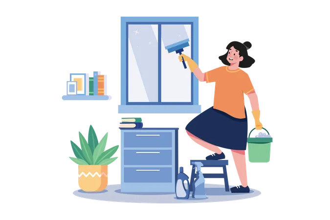 Woman Doing Window Cleaning With Cleaning Equipment イラスト