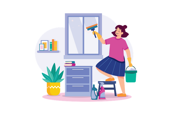 Woman Doing Window Cleaning With Cleaning Equipment  일러스트레이션