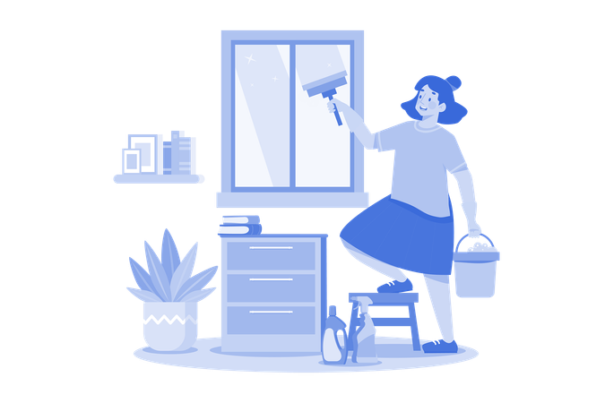Woman Doing Window Cleaning With Cleaning Equipment  일러스트레이션