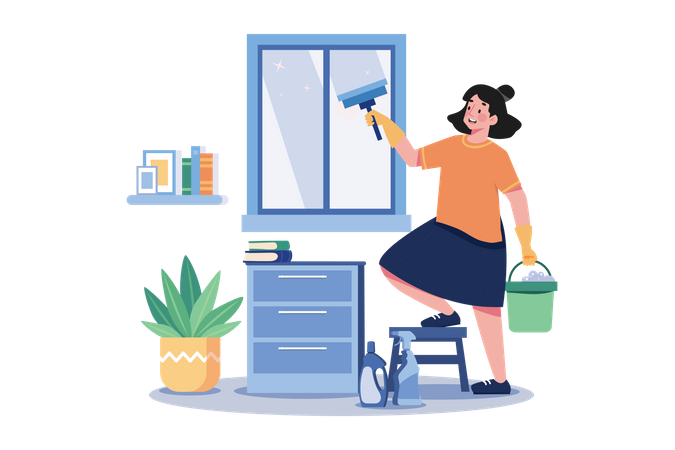 Woman Doing Window Cleaning With Cleaning Equipment  Illustration