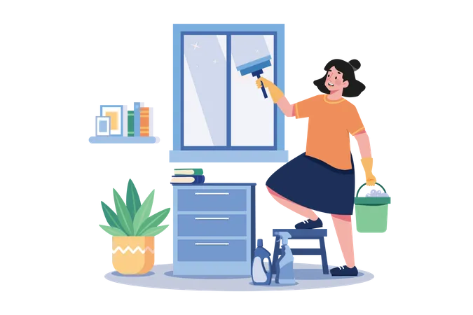 Woman Doing Window Cleaning With Cleaning Equipment  Illustration