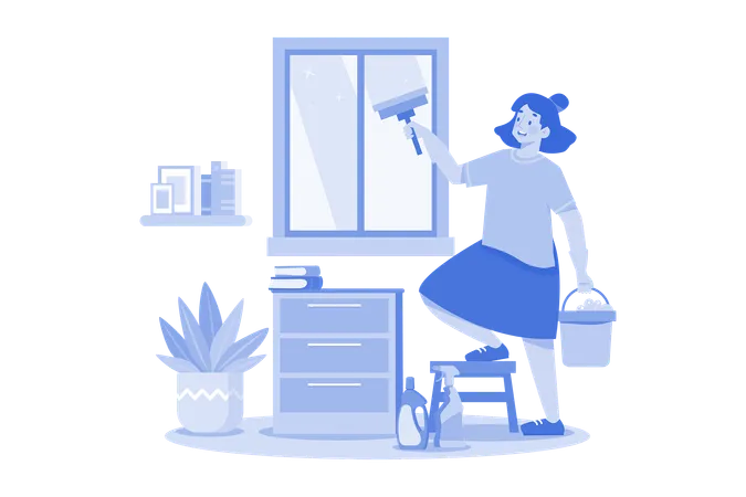 Woman Doing Window Cleaning With Cleaning Equipment  Illustration