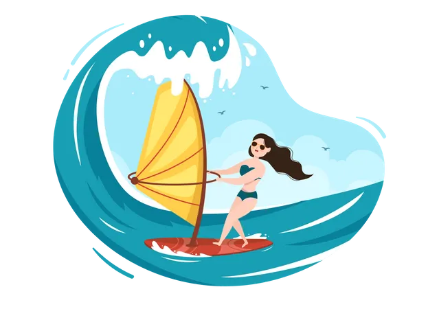 Summer Windsurfing Of Water Sport Activities Cartoon Illustration With Rides The Barreled Rushing Waves Or Floating On Paddle Board In Flat Style Illustration