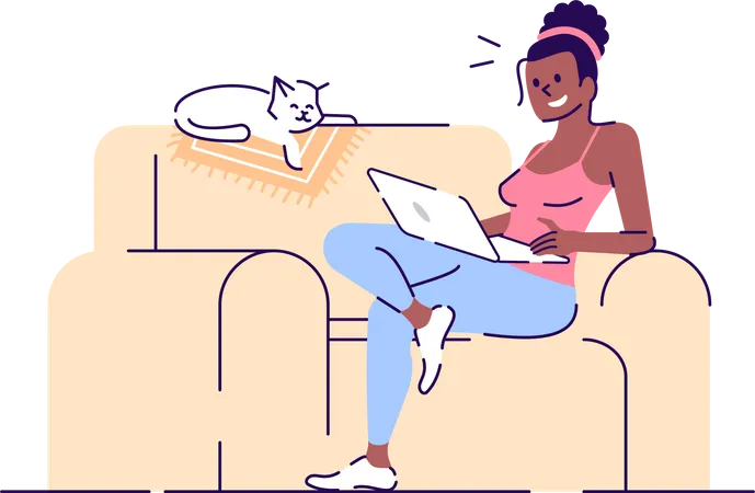 Smiling Girl On Sofa With Laptop Flat Vector Illustration Freelancer At Work Lady And Sleeping Cat On Couch Isolated Cartoon Characters With Outline Elements On White Background Illustration
