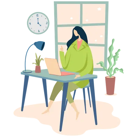 Work Form Home Concept Background Of Woman Working With Computer On Table In Room At Her Home Vector Illustration Of A Woman Inside Home Interior Illustration