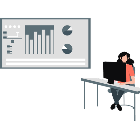 Woman doing work on analytical graphs at office  Illustration