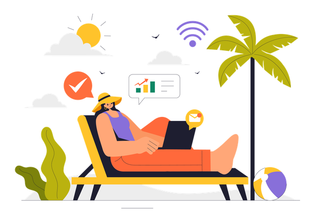 Woman doing work on vacation  Illustration