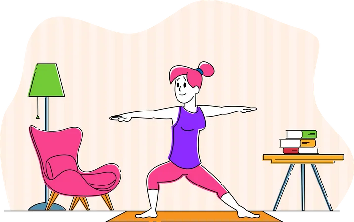 Woman Character Doing Stretching Or Yoga Exercises At Home Fitness Sport And Healthy Lifestyle Girl Practicing Gymnastics Workout Class For Flexibility And Fit Body Linear Vector Illustration Illustration