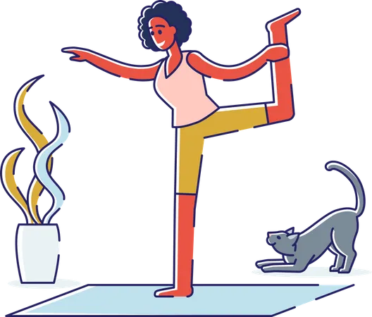 Woman Exercising Yoga At Home In Morning Meditation Practice Cartoon Female Doing Stretching And Breathing Workout Healthy Lifestyle And Fitness Activities Concept Linear Vector Illustration Illustration