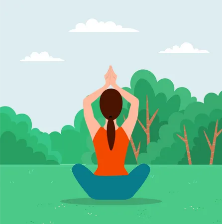 Woman Doing Yoga Exercise Back View Young Fit Girl Sitting In Lotus Position On The Grass In City Park Female Character Taking Care Of Her Health Leads A Healthy Lifestyle Doing Relaxation Exercise Illustration